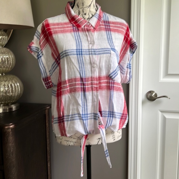 Rails Tops - Rails linen plaid tie front button down shirt